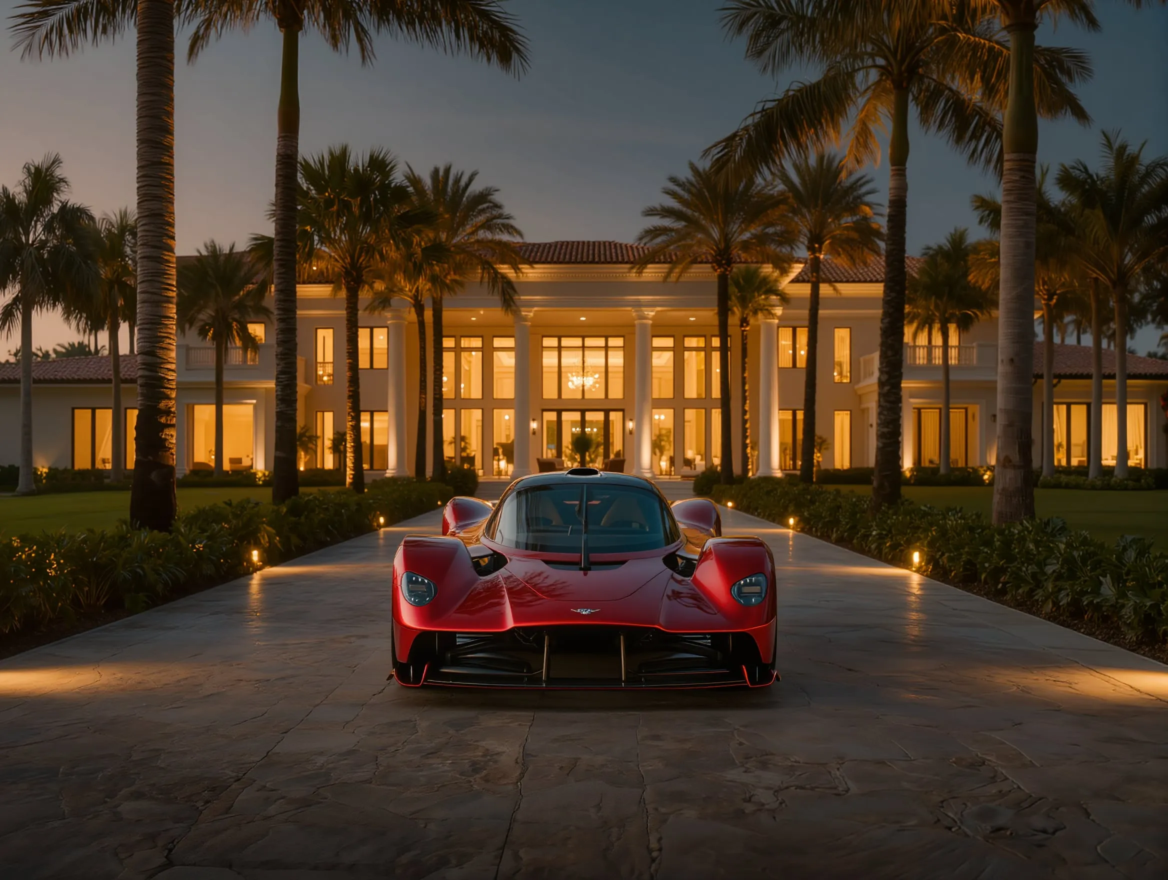 Red supercar on a palm-lined estate driveway