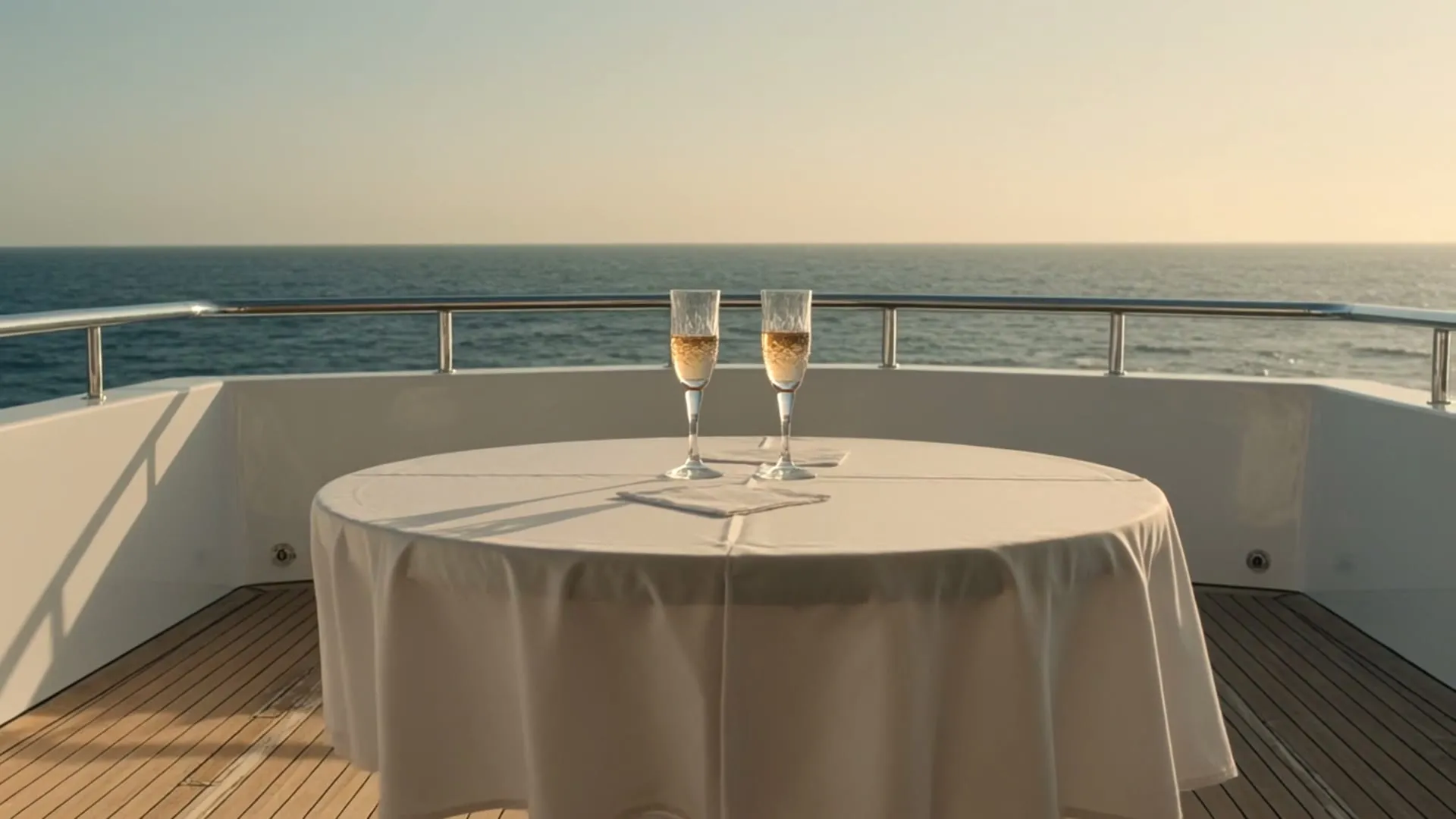 Champagne on the aft deck of a yacht at golden hour, city skyline beyond