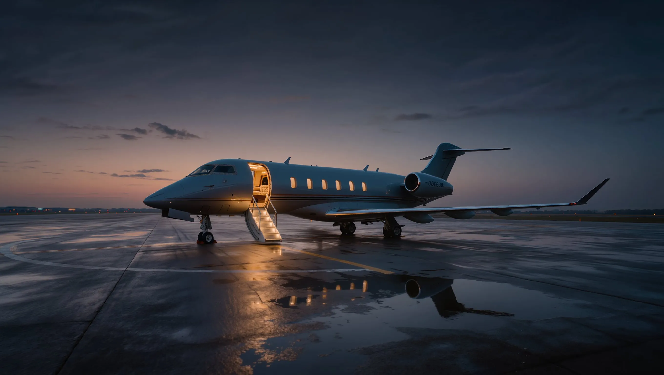 Private jet waiting on the tarmac at dusk