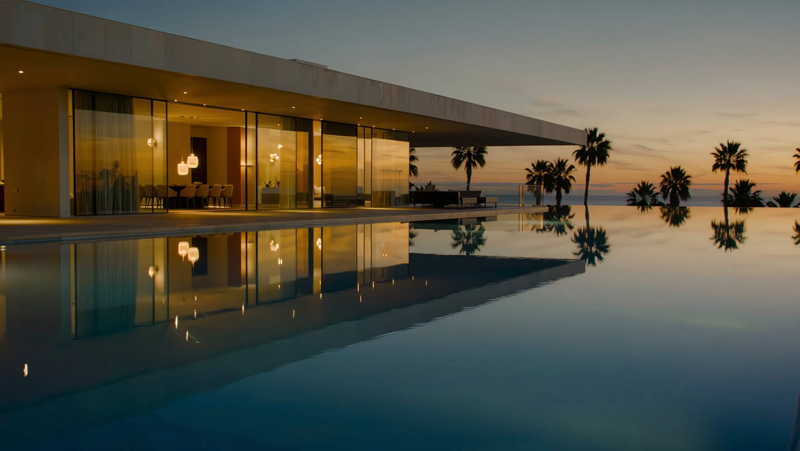 Waterfront villa with a private pool at dusk