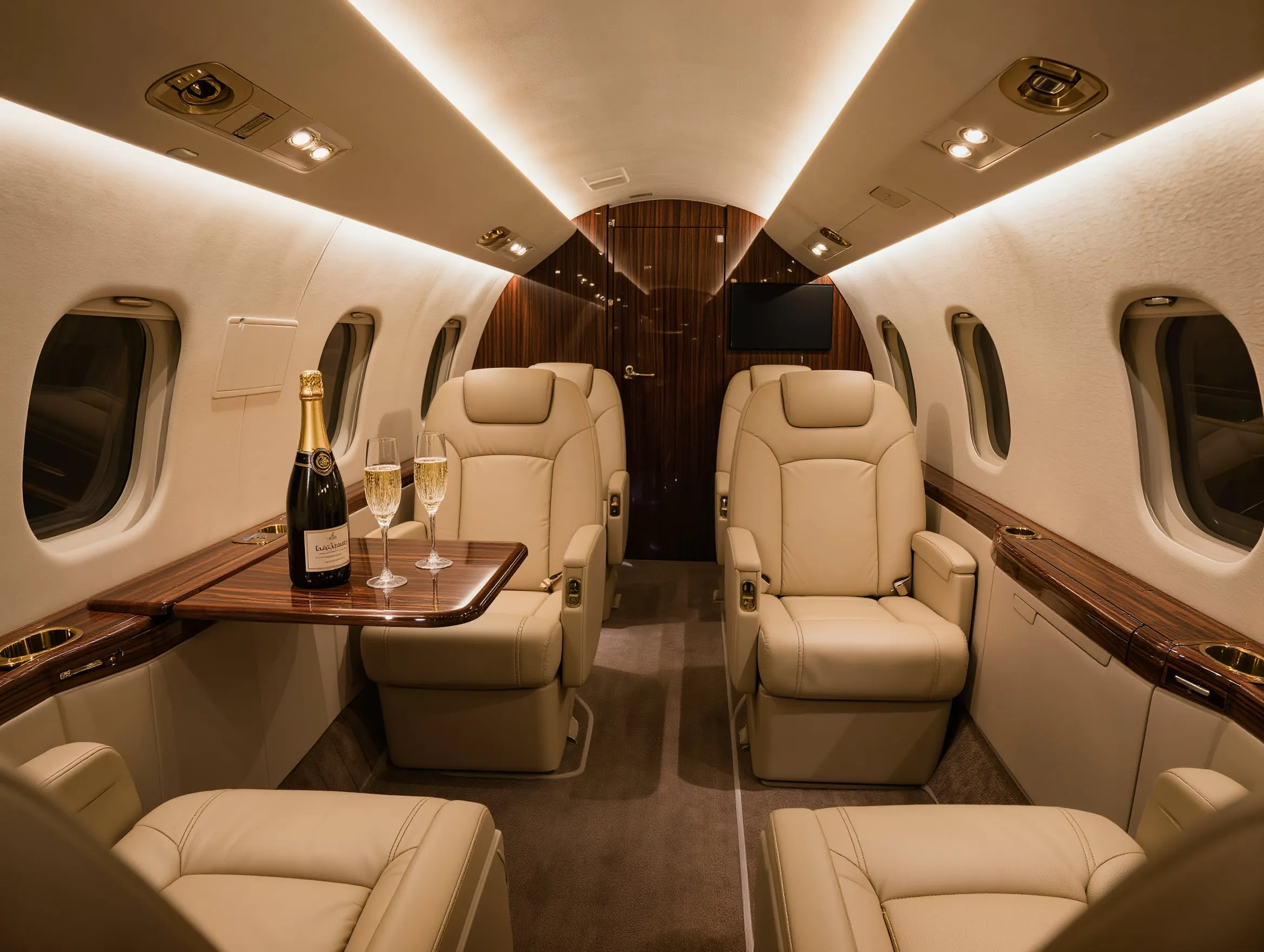 Private jet cabin with leather seating