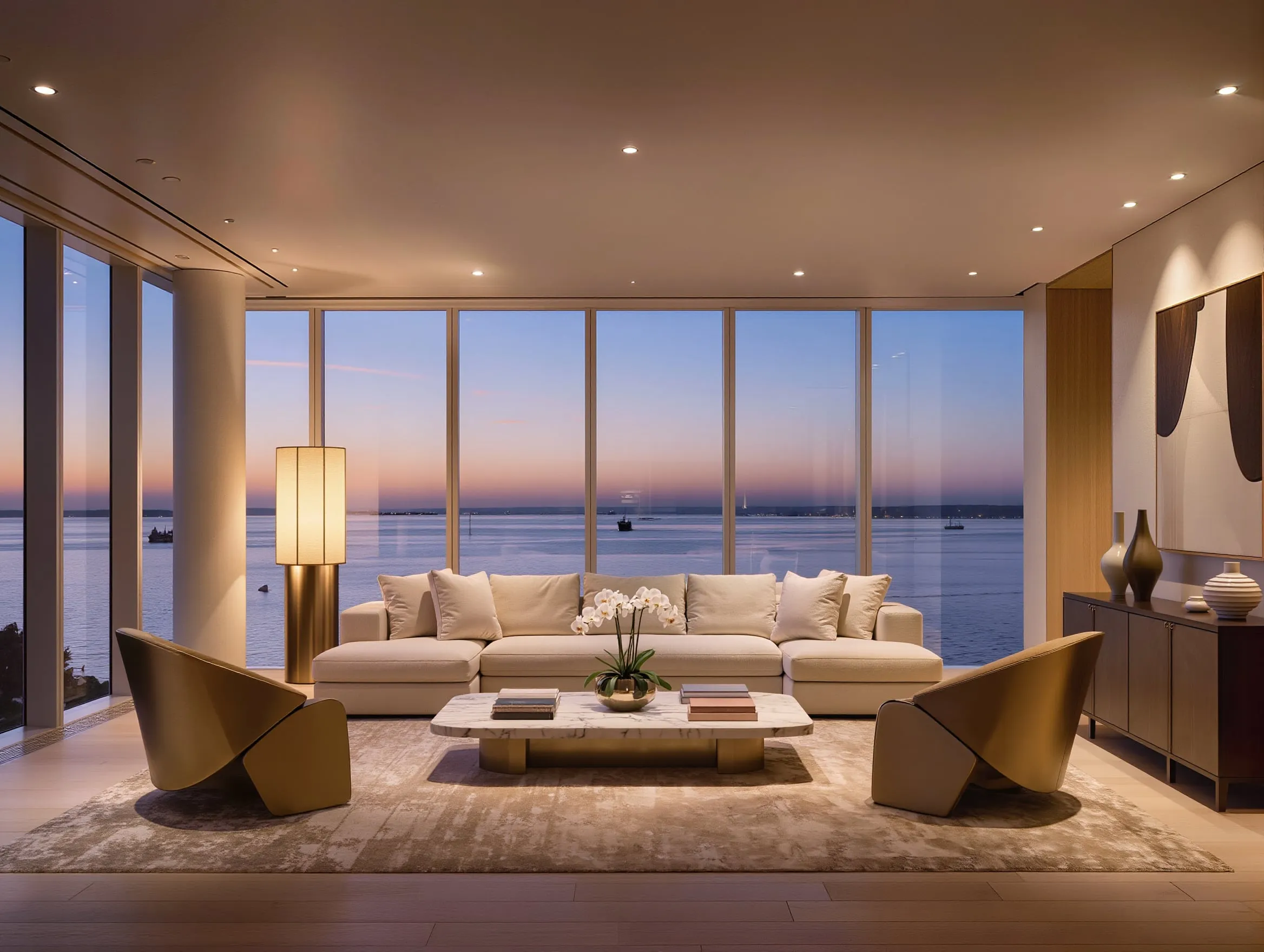 A sunlit living room opening onto the water